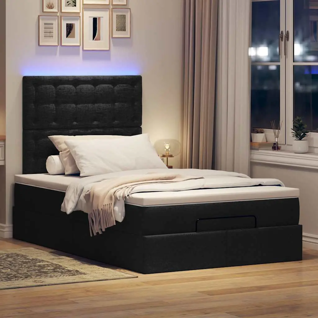 Ottoman Storage Bed King Single Black with Pocket Spring Mattress LED Lights