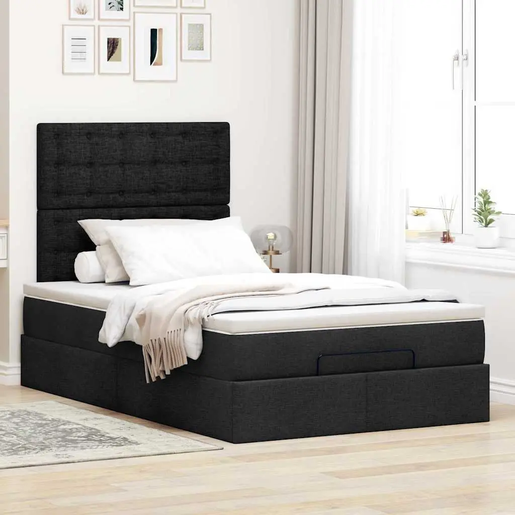 Ottoman Storage Bed King Single Black with Pocket Spring Mattress LED Lights