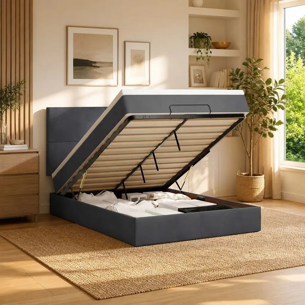 Double Ottoman Bed with Pocket Spring Mattresses and LED Lights Grey Velvet