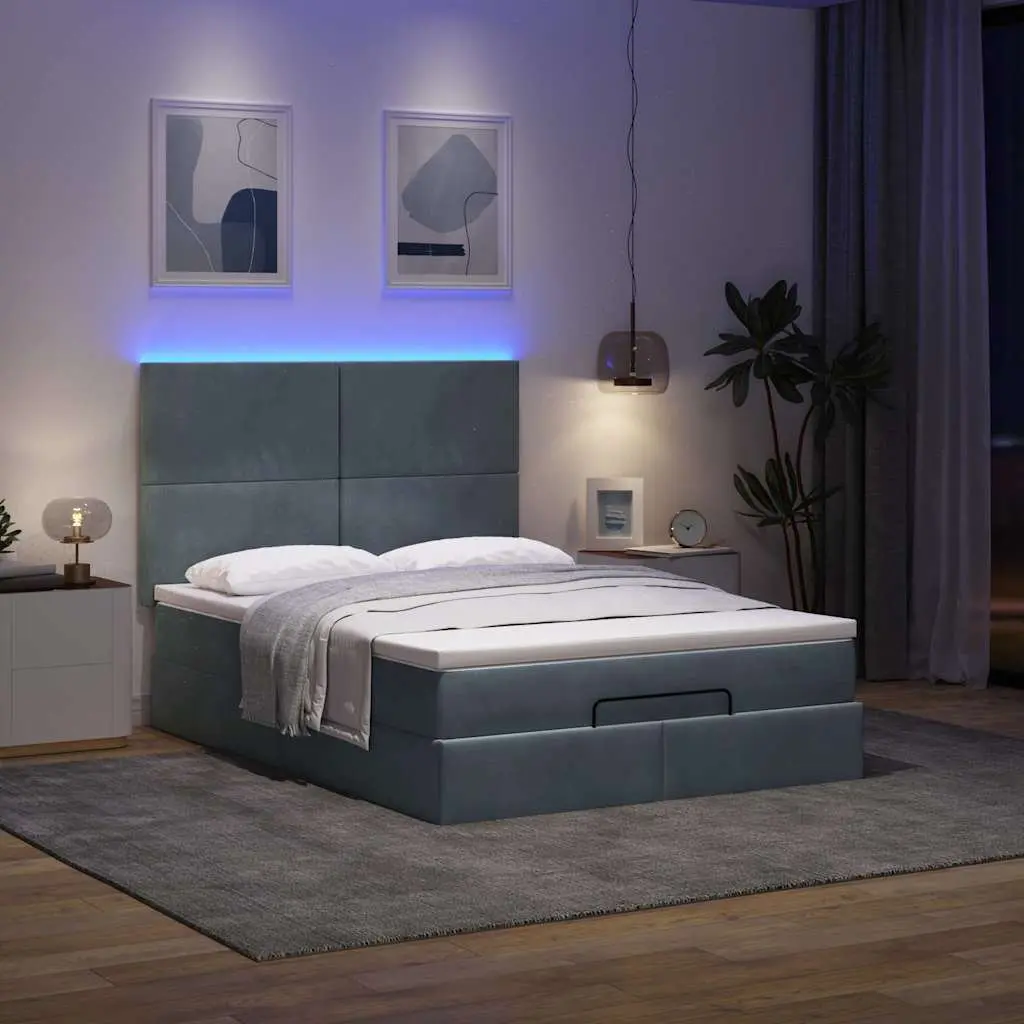 Double Ottoman Bed with Pocket Spring Mattresses and LED Lights Grey Velvet