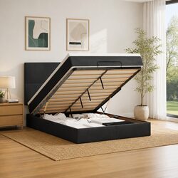 Ottoman Bed Double Black Velvet with Pocket Spring Mattresses & LED Lights