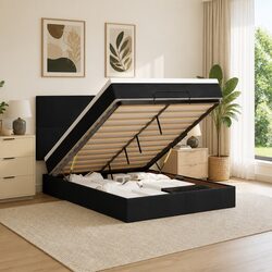 Queen Ottoman Bed with Pocket Spring Mattress Topper LED Lights Black Velvet