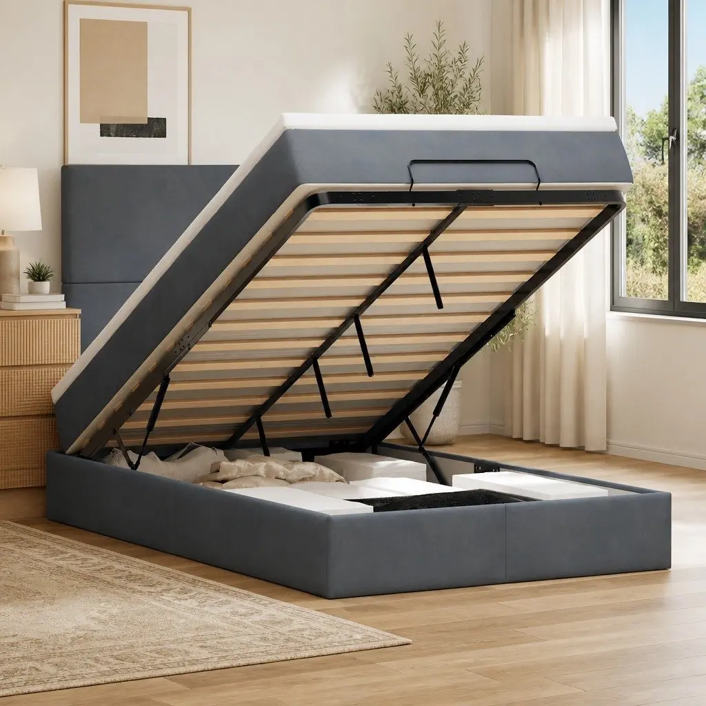 Ottoman Bed with LED Lights Velvet King Single Storage Bed Frame Grey