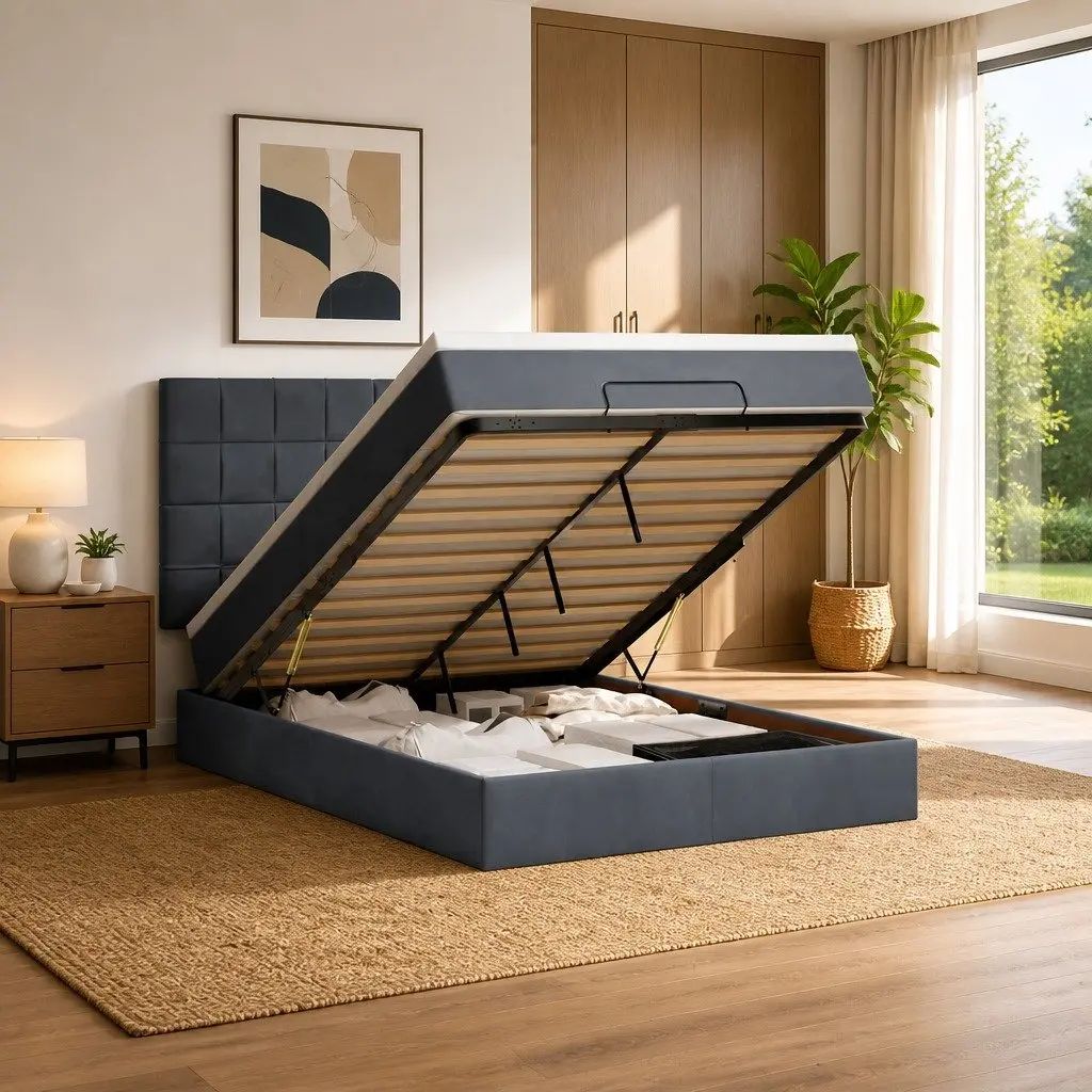 Queen Ottoman Bed with Pocket Spring Mattress Topper Grey Velvet LED Lighting