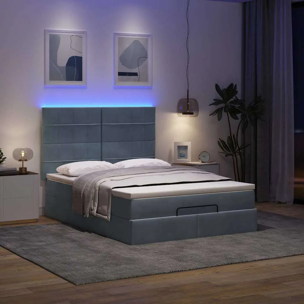 Queen Ottoman Bed with Pocket Spring Mattress Topper Grey Velvet LED Lighting