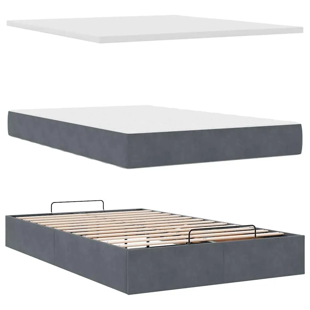 Ottoman Storage Bed King Single Grey Velvet with Pocket Spring Mattresses LED