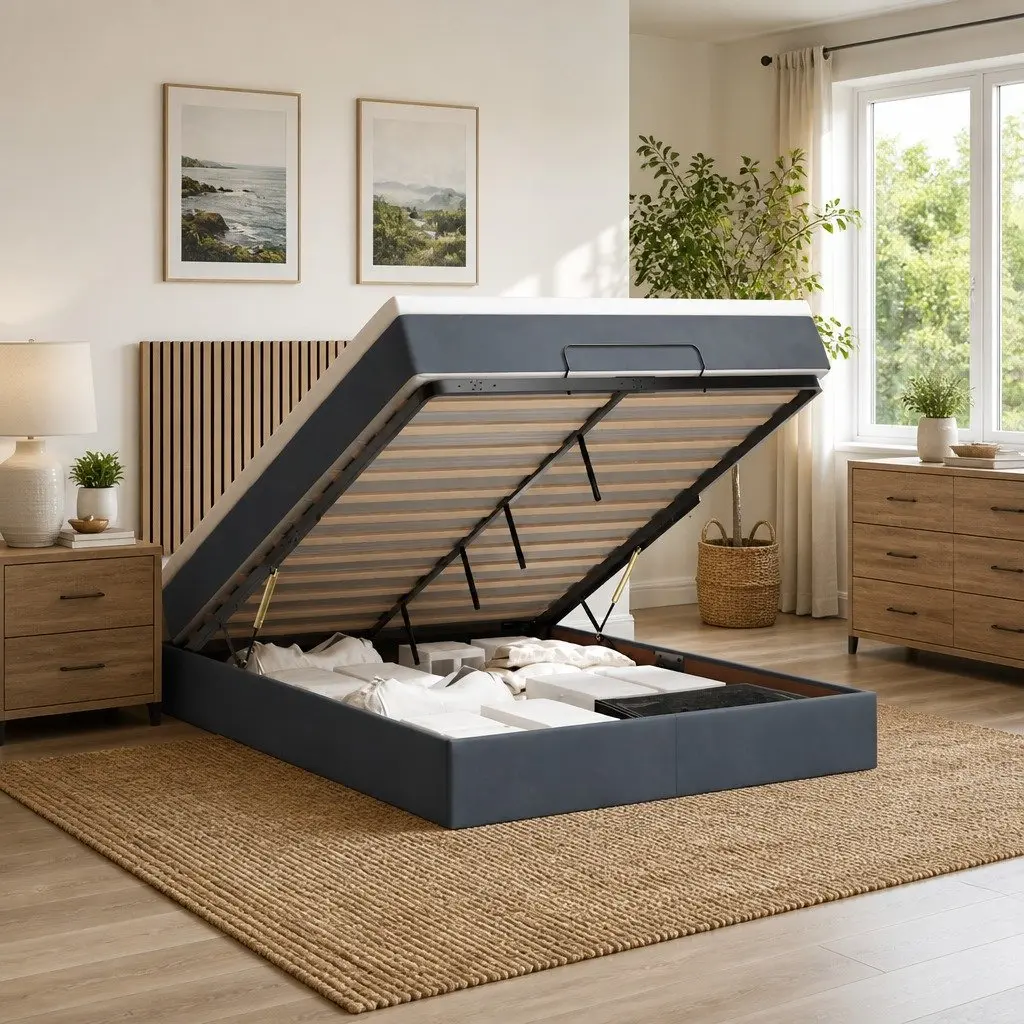 Ottoman Bed Grey Velvet Queen Size Storage with Pocket Spring Mattress Topper and Adjustable LED Lights