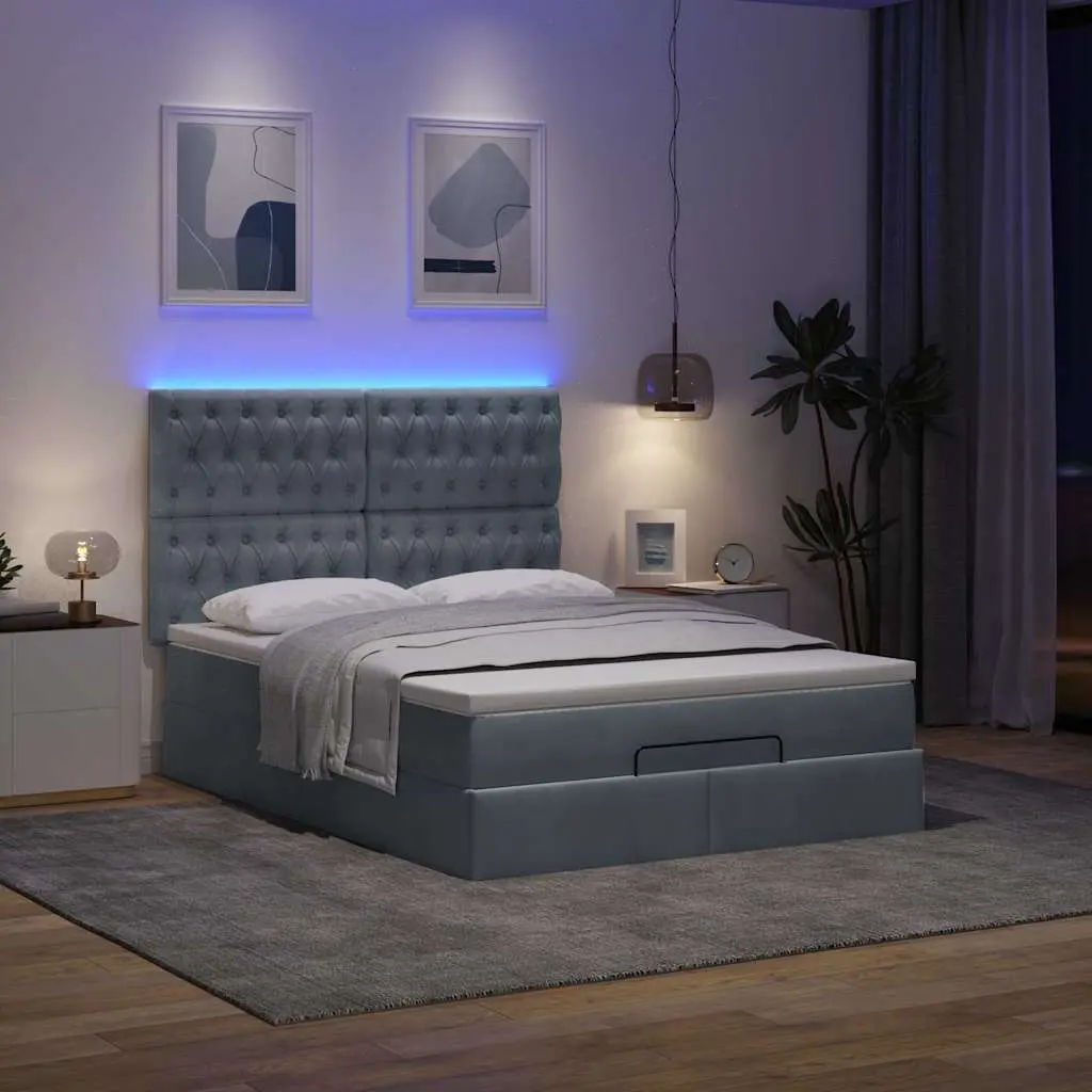 Ottoman Bed Grey Velvet Queen Size Storage with Pocket Spring Mattress Topper and Adjustable LED Lights