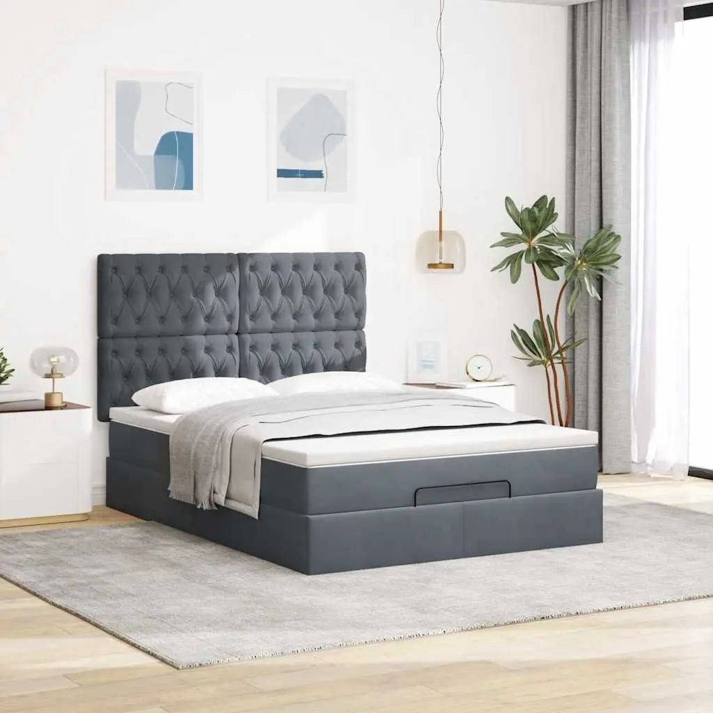 Ottoman Bed Grey Velvet Queen Size Storage with Pocket Spring Mattress Topper and Adjustable LED Lights