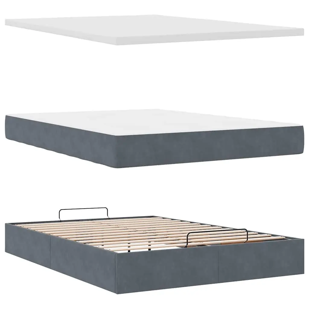 Ottoman Bed Grey Velvet Queen Size Storage with Pocket Spring Mattress Topper and Adjustable LED Lights