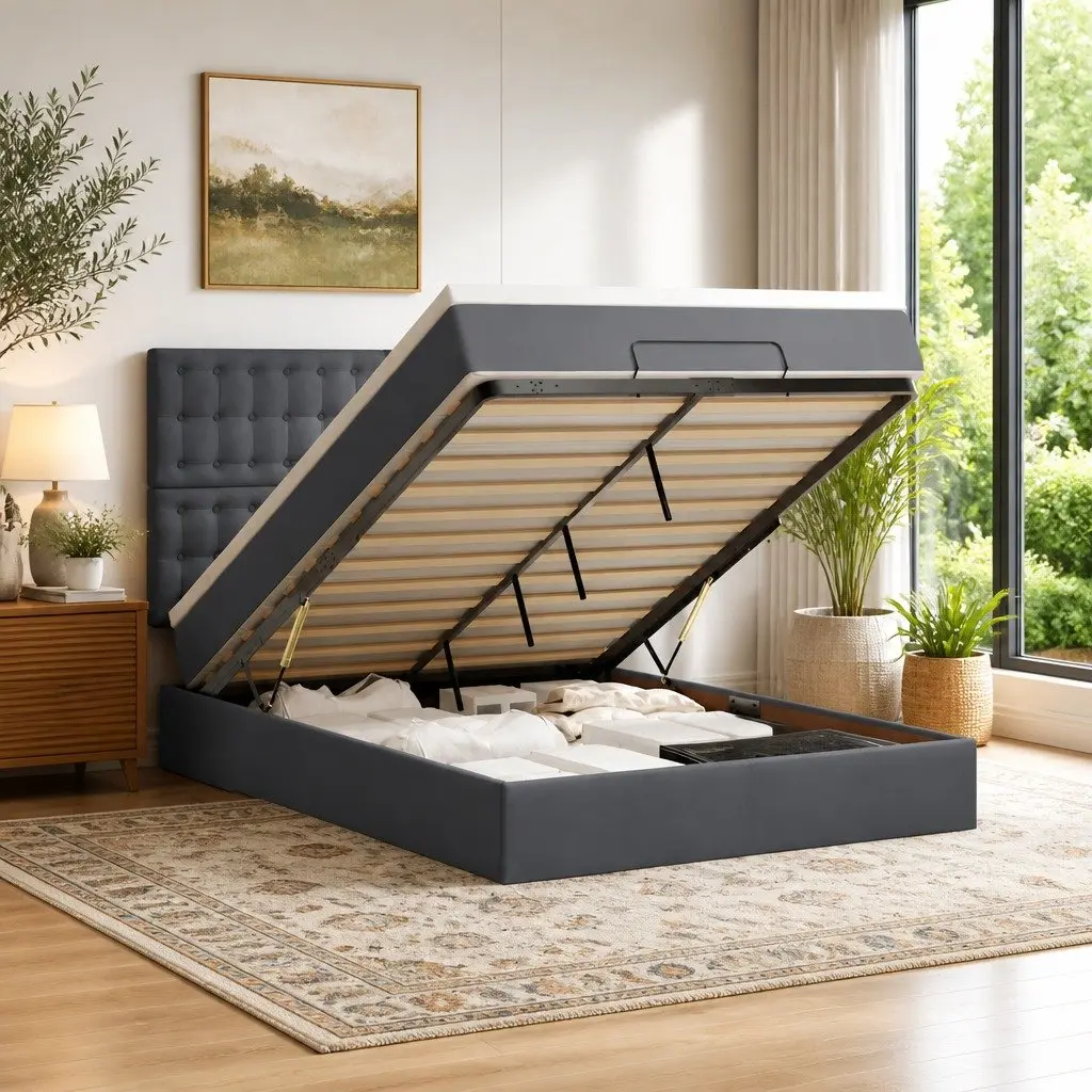 Ottoman Bed Velvet Grey Double with Pocket Spring Mattress and LED Lights