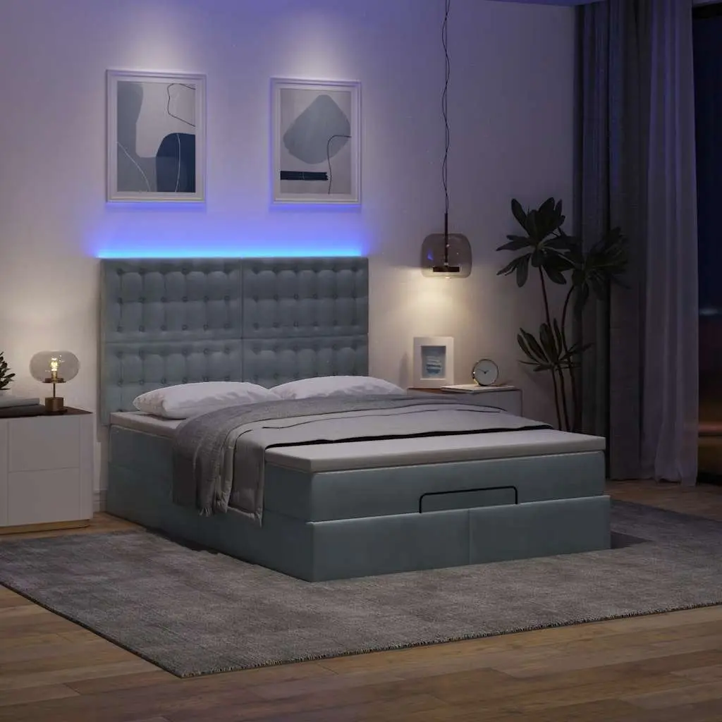 Ottoman Bed Velvet Grey Double with Pocket Spring Mattress and LED Lights