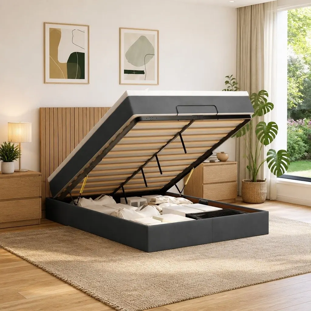 Ottoman Bed Queen with Pocket Spring Mattress Topper Hydraulic Lift Storage LED Lights Grey Velvet