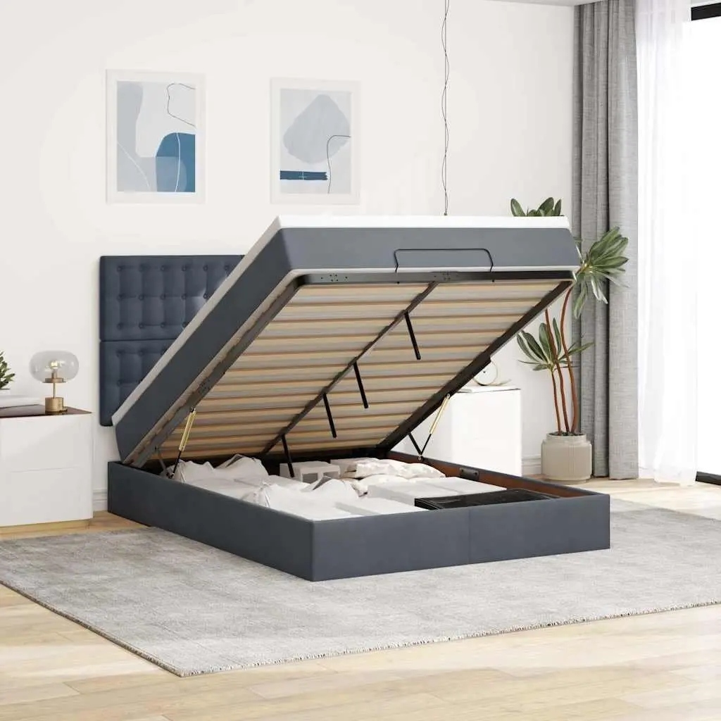 Ottoman Bed Queen with Pocket Spring Mattress Topper Hydraulic Lift Storage LED Lights Grey Velvet