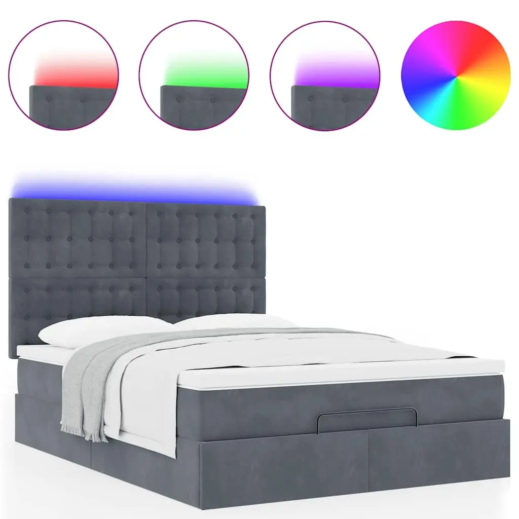 Ottoman Bed Queen with Pocket Spring Mattress Topper Hydraulic Lift Storage LED Lights Grey Velvet