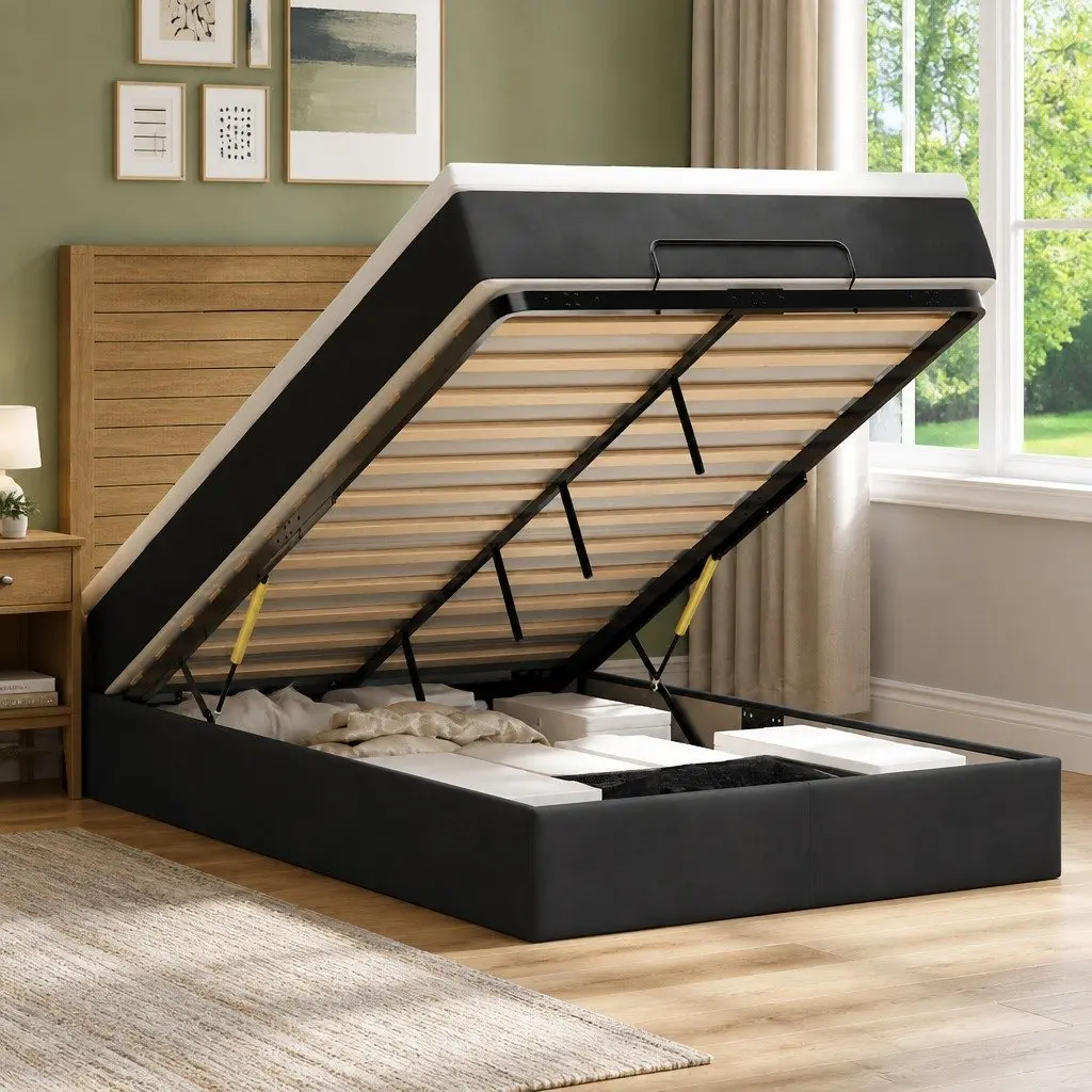 Ottoman Bed with Pocket Spring Mattress and LED Lights King Single Black Velvet