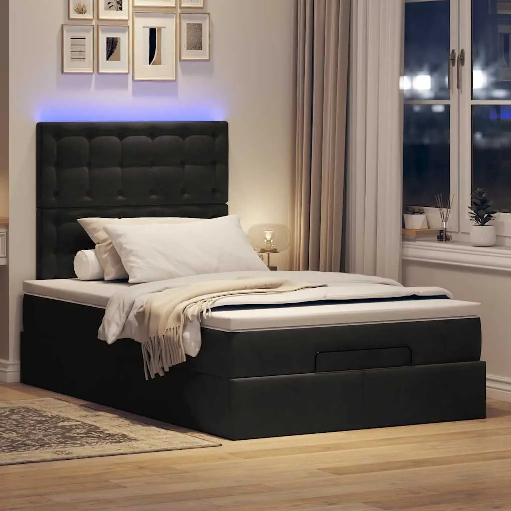 Ottoman Bed with Pocket Spring Mattress and LED Lights King Single Black Velvet