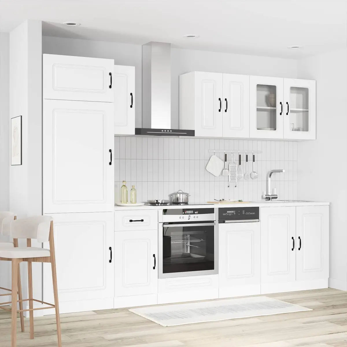 White Engineered Wood Kitchen Cabinet Set 8 Piece Storage Furniture
