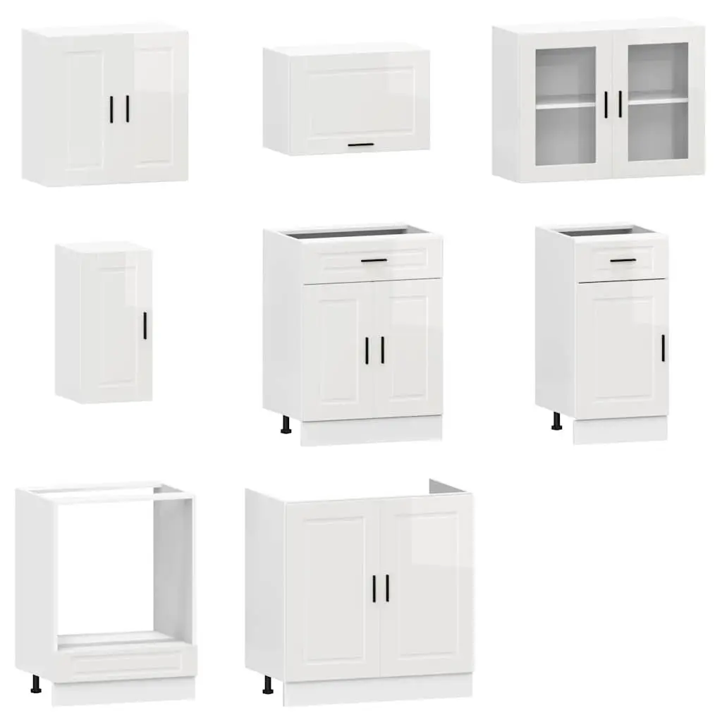 8 Piece High Gloss White Kitchen Cabinet Set Engineered Wood Storage Units