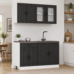 4 Piece Kitchen Cabinet Set Black Engineered Wood Storage Cupboard Furniture