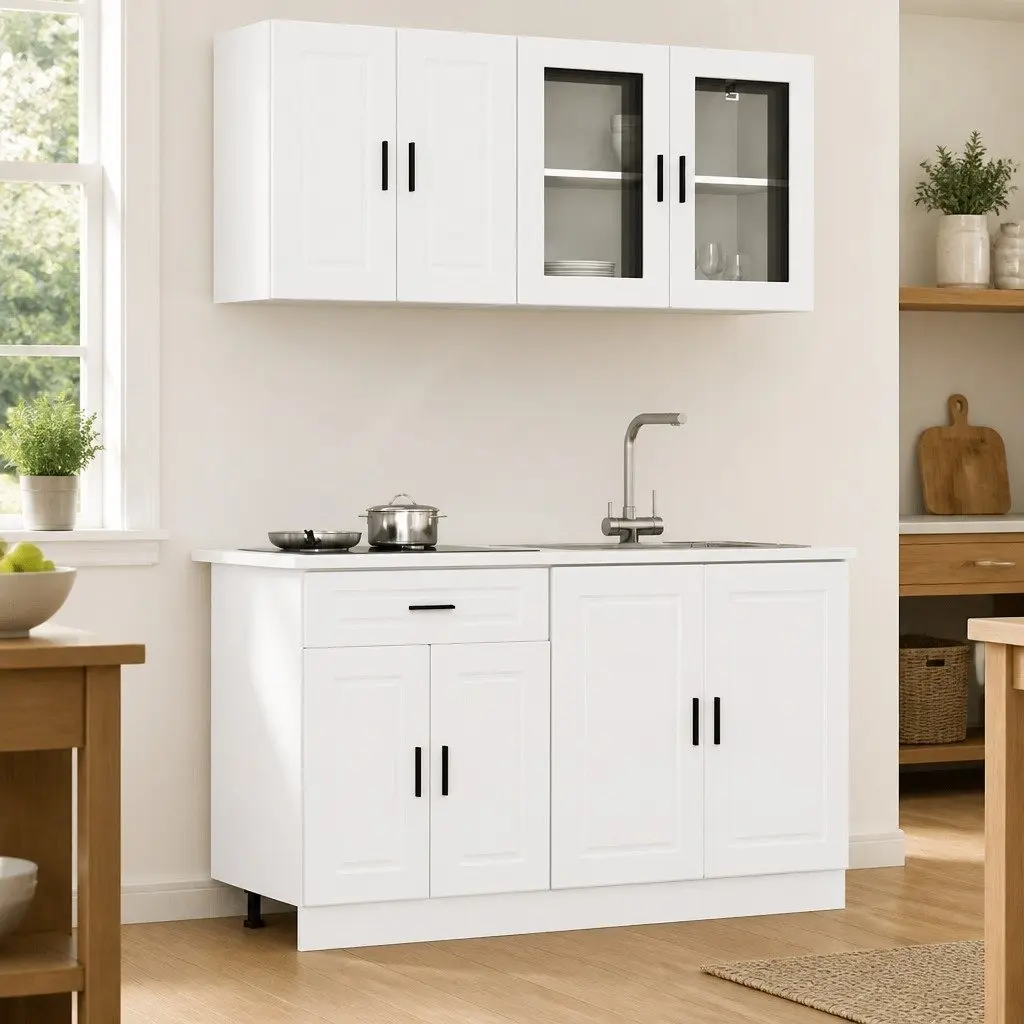 4 Piece Kitchen Cabinet Set White Engineered Wood Adjustable Feet