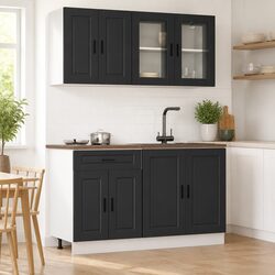 4 Piece Black Kitchen Cabinet Set Engineered Wood Storage Cupboards Adjustable
