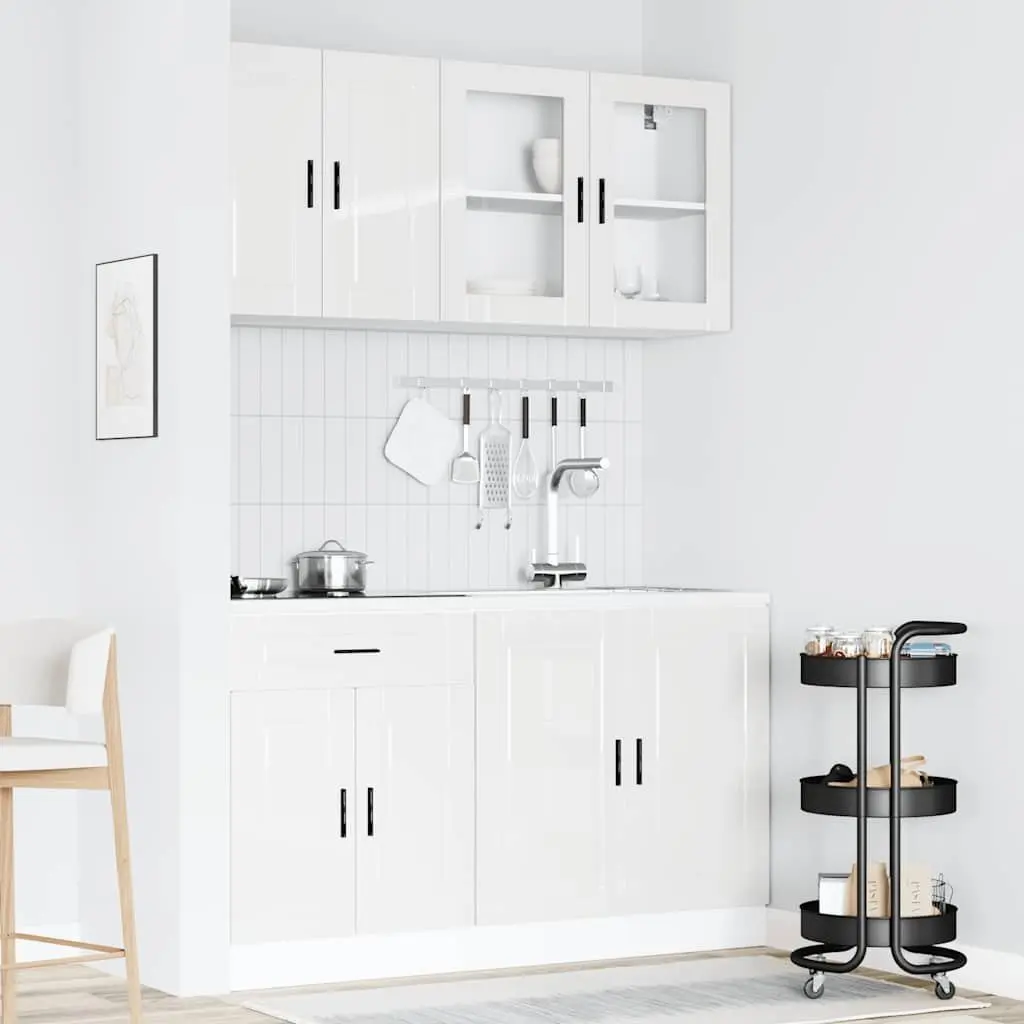 4 Piece Engineered Wood Kitchen Cabinet Set High Gloss White Storage Unit