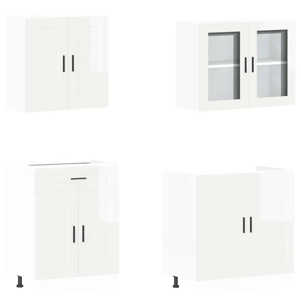 4 Piece Engineered Wood Kitchen Cabinet Set High Gloss White Storage Unit