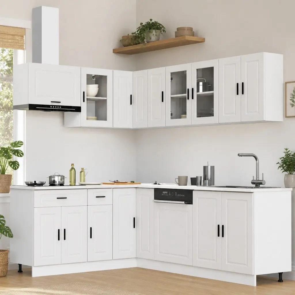 Kitchen Cabinet Set White 11 Piece Engineered Wood Storage Adjustable Feet