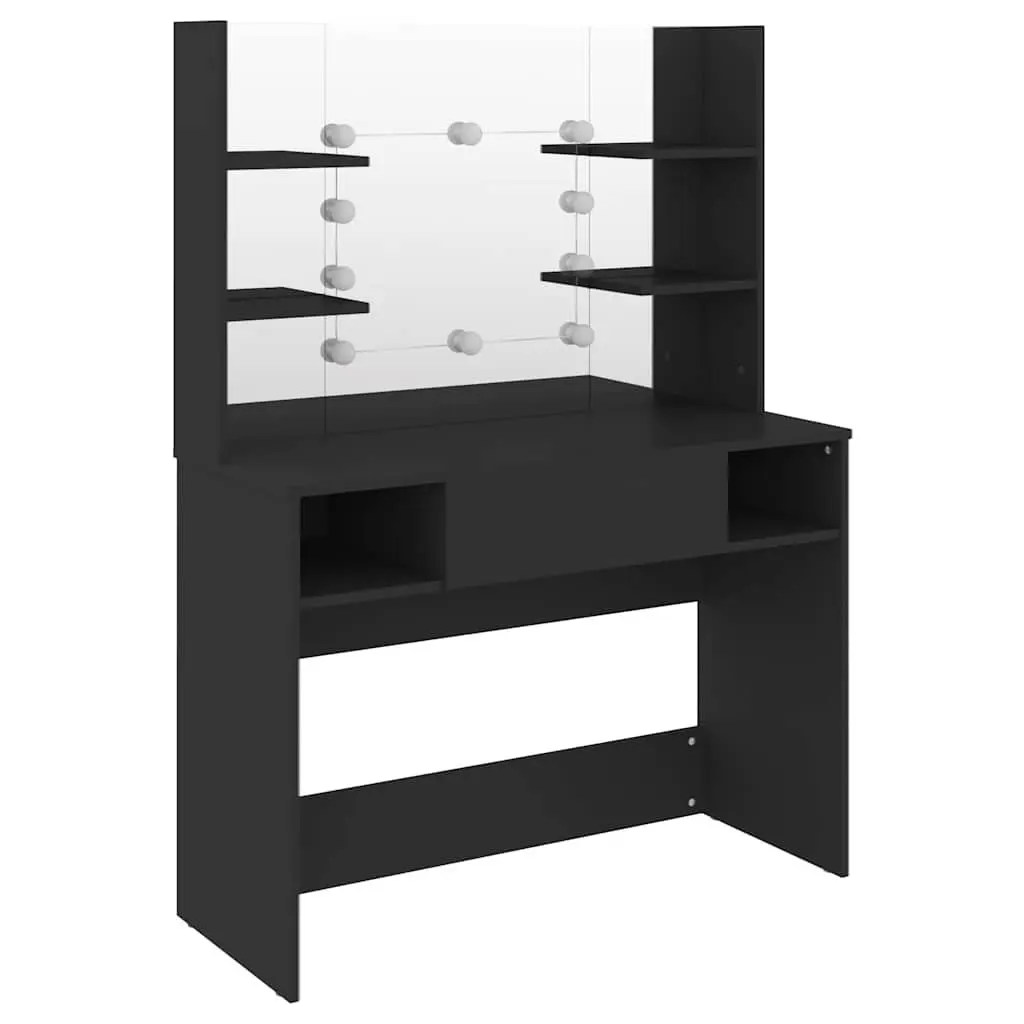 Black Makeup Vanity Table with LED Lights Mirror Dressing Station Bedroom