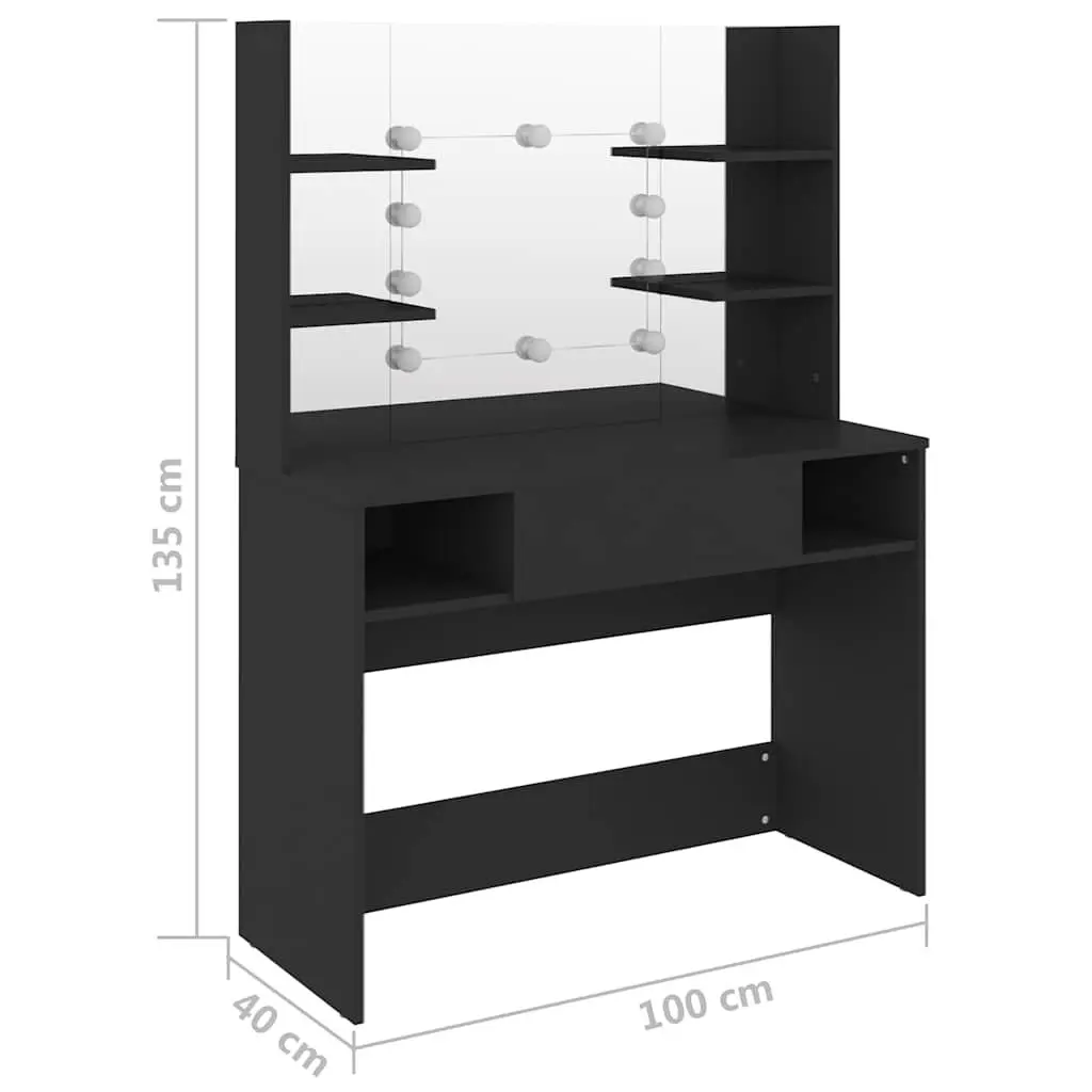 Black Makeup Vanity Table with LED Lights Mirror Dressing Station Bedroom