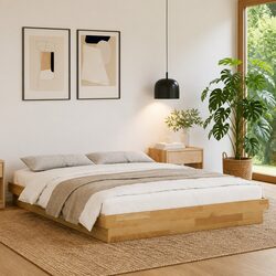 Bed Frame 135x190 cm Low Floor Solid Oak Wood Slatted Base Children Bedroom