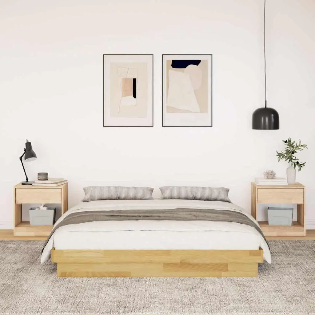 Bed Frame Low Floor Solid Oak Wood 135x190 cm Slatted Base