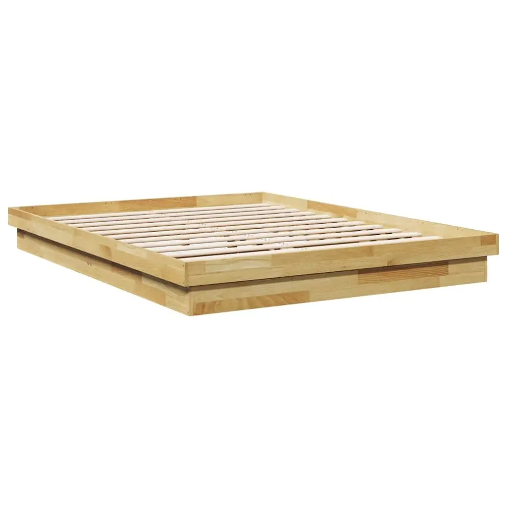 Bed Frame Low Floor Solid Oak Wood 135x190 cm Slatted Base