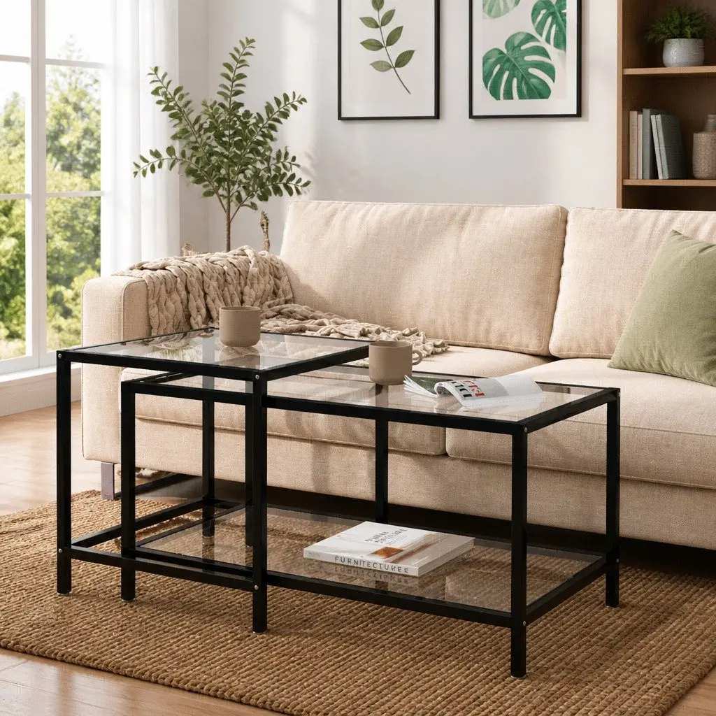 Tempered Glass Tea Tables Set of 2 Transparent Industrial Contemporary Side End Coffee Accent Furniture