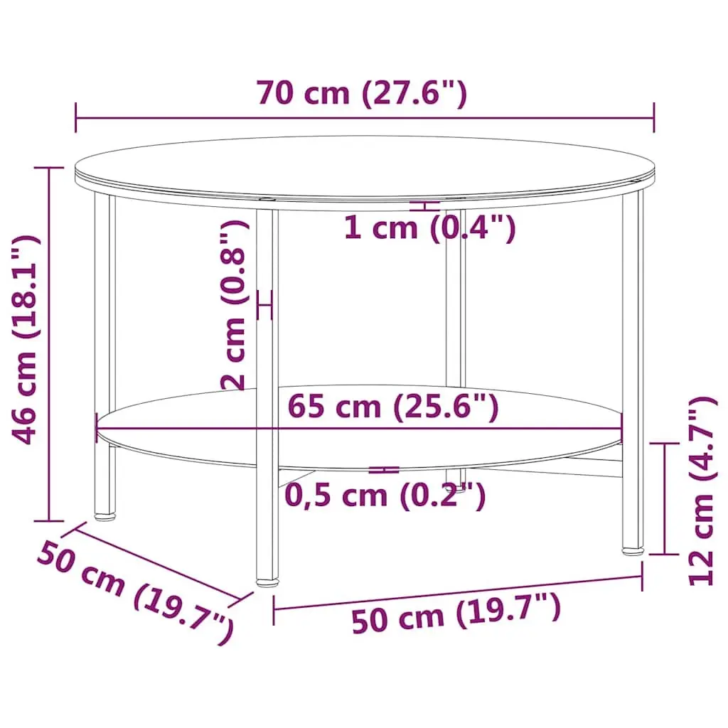 End Table Black Tempered Glass 70cm Modern Coffee Table 2-Tier Storage Shelf
