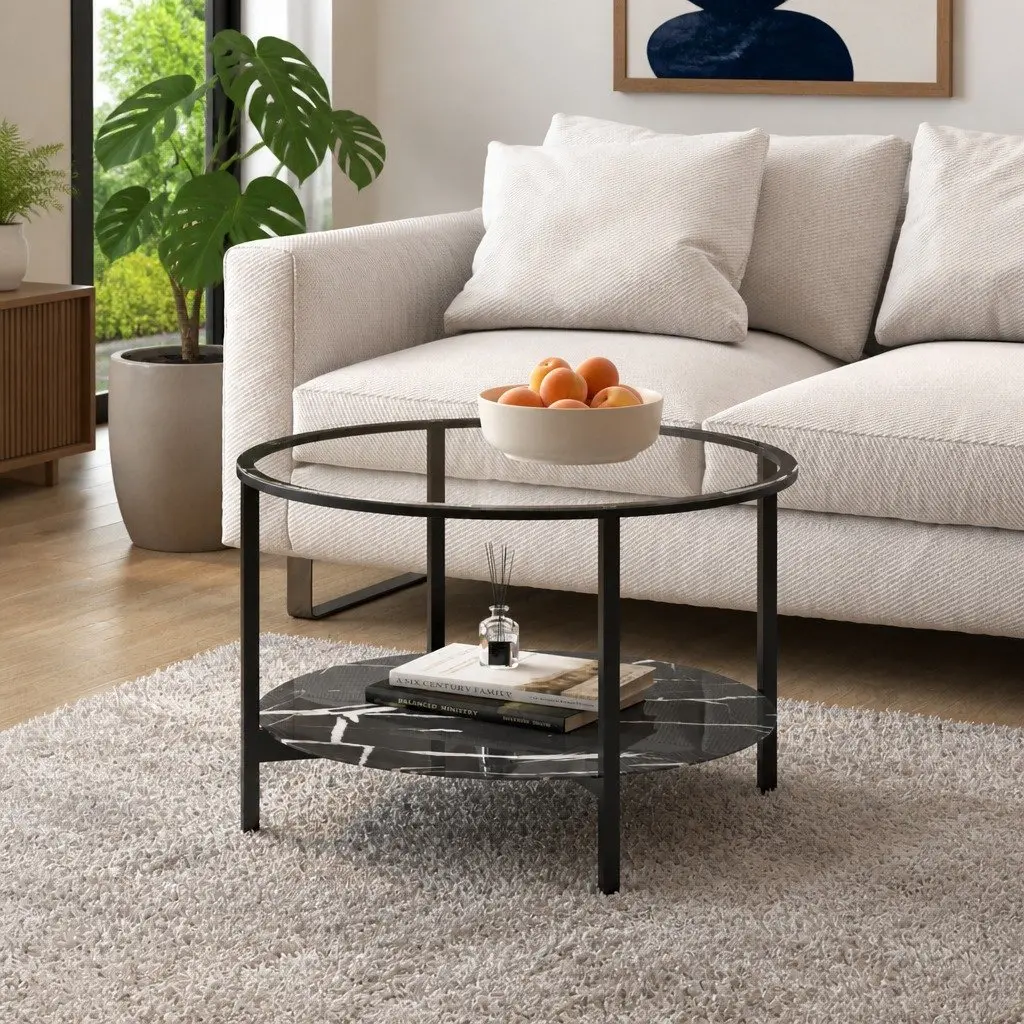 Tea Table Modern Black Marble Glass Top 70cm 2-Tier Accent Side Coffee Table