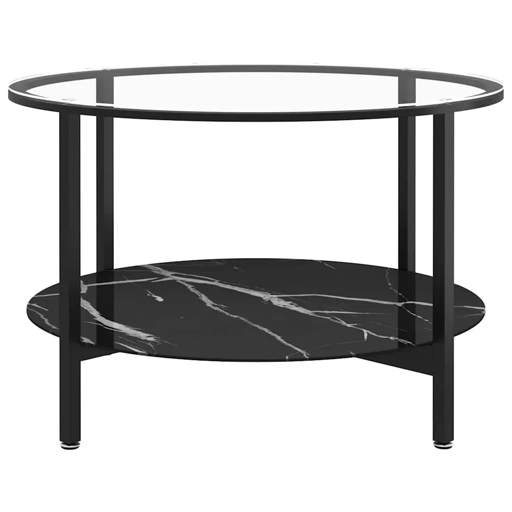 Tea Table Modern Black Marble Glass Top 70cm 2-Tier Accent Side Coffee Table