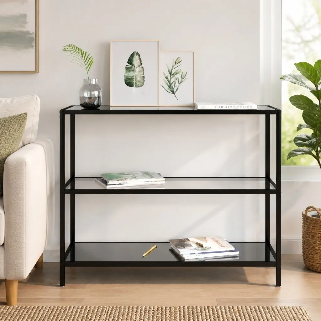 Tempered Glass Corner Shelf Unit Black Iron Frame Storage Display Furniture 100 x 36 x 90 cm