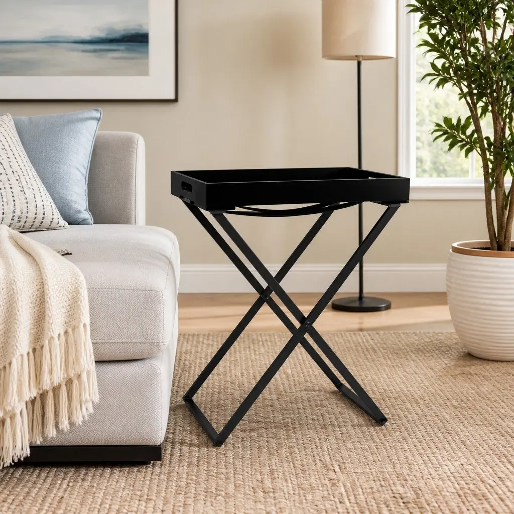 Folding Side Table Black Compact Accent End Table Indoor Outdoor Space Saving
