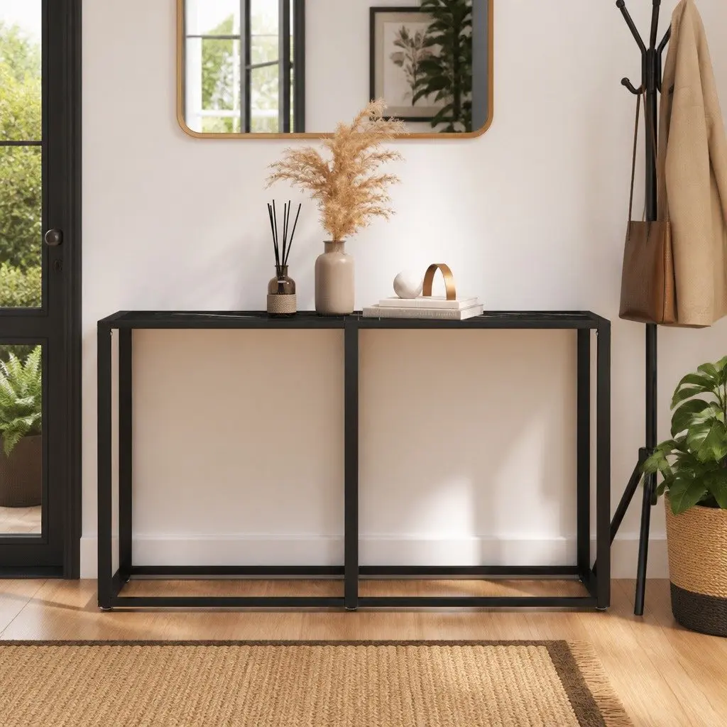 Console Table Black Marble Top Tempered Glass Steel Frame 140cm W x 35cm D x 75.5cm H