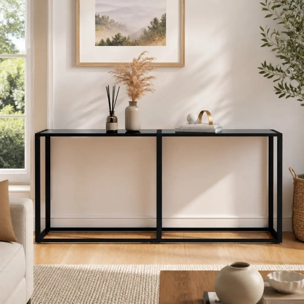 Console Table Black Tempered Glass Steel Frame Side End Table 160x35x75.5cm