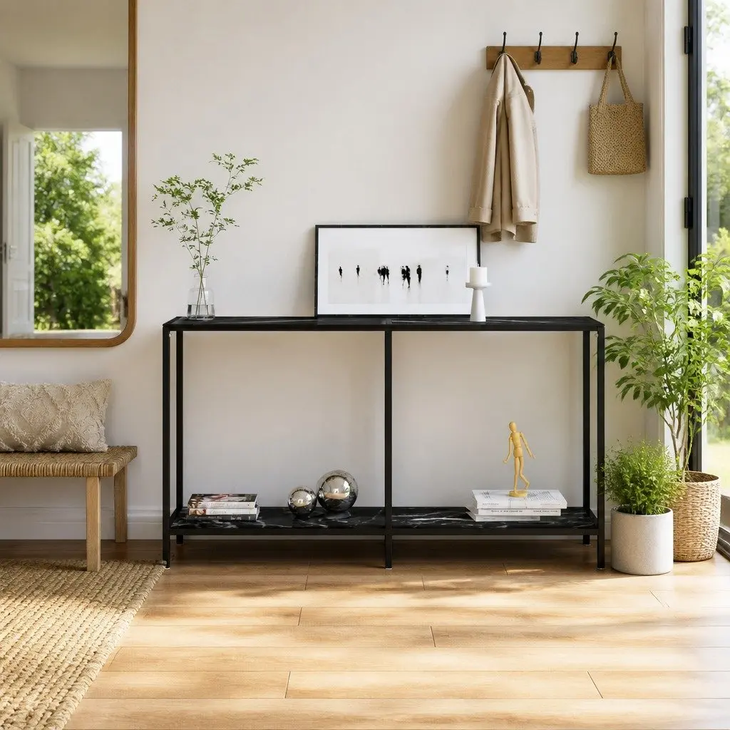 Console Table Black Tempered Glass Top Lower Shelf Storage 140W x 35D x 75.5H cm