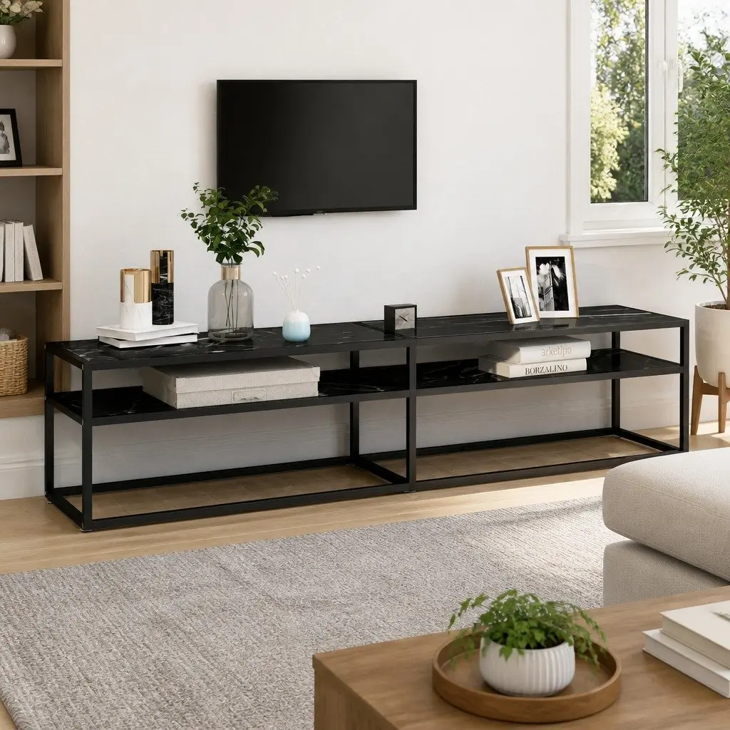 TV Cabinet Black Marble Tempered Glass Shelving Unit 180 x 40 x 40.5 cm