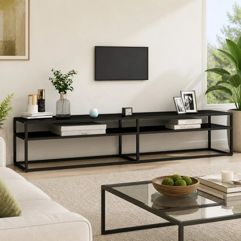 TV Cabinet Black Glass Shelving Unit Living Room Media Console Storage