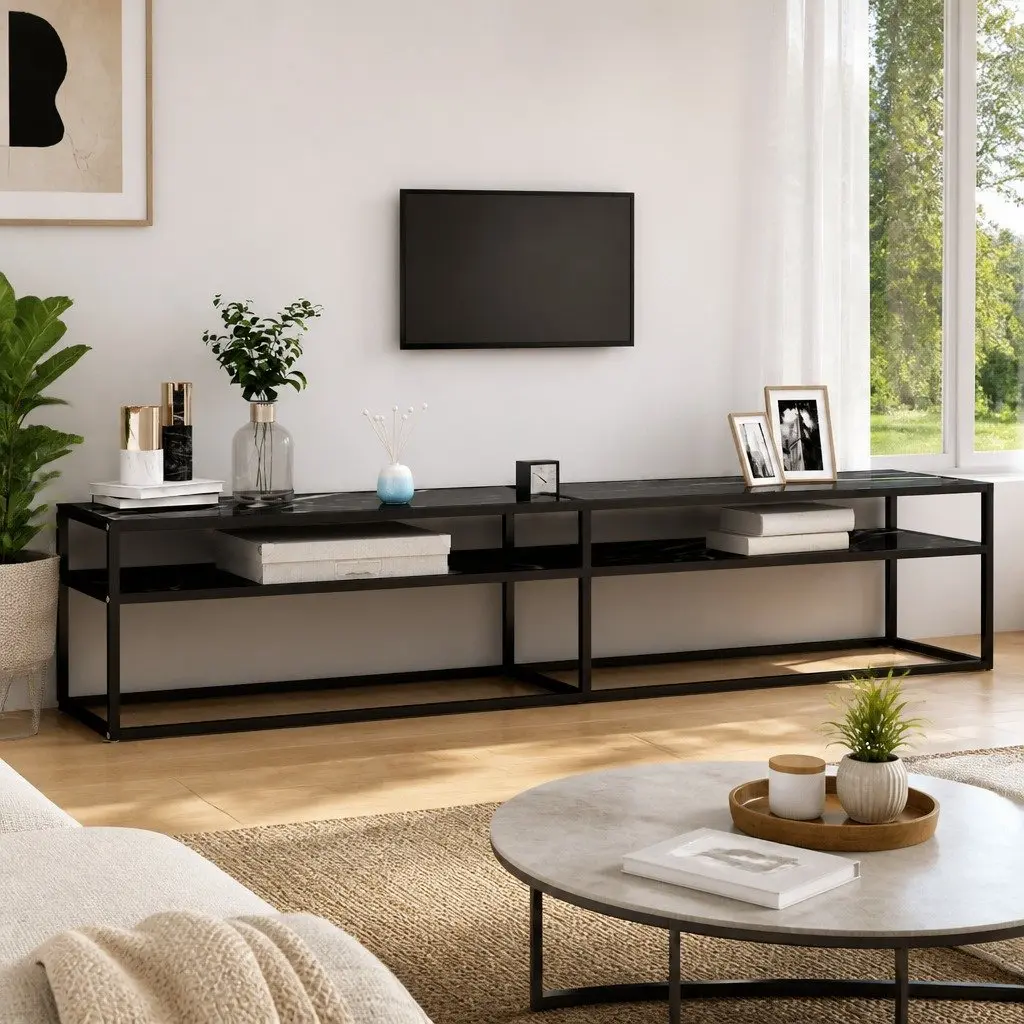 TV Cabinet Black Marble Tempered Glass Storage Unit 200 x 40 x 40.5 cm