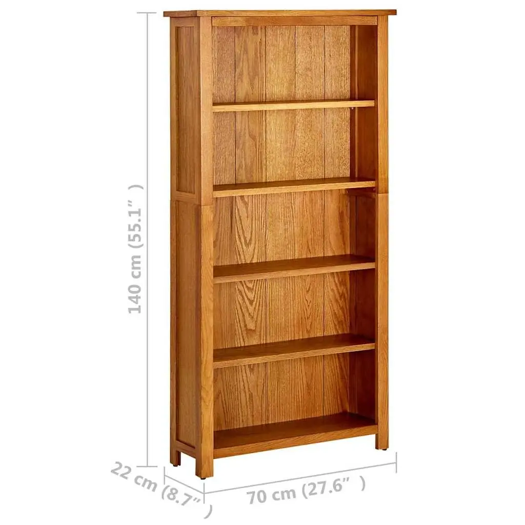 5-Tier Bookcase Solid Oak Wood Storage Shelving Unit 70x22x140cm