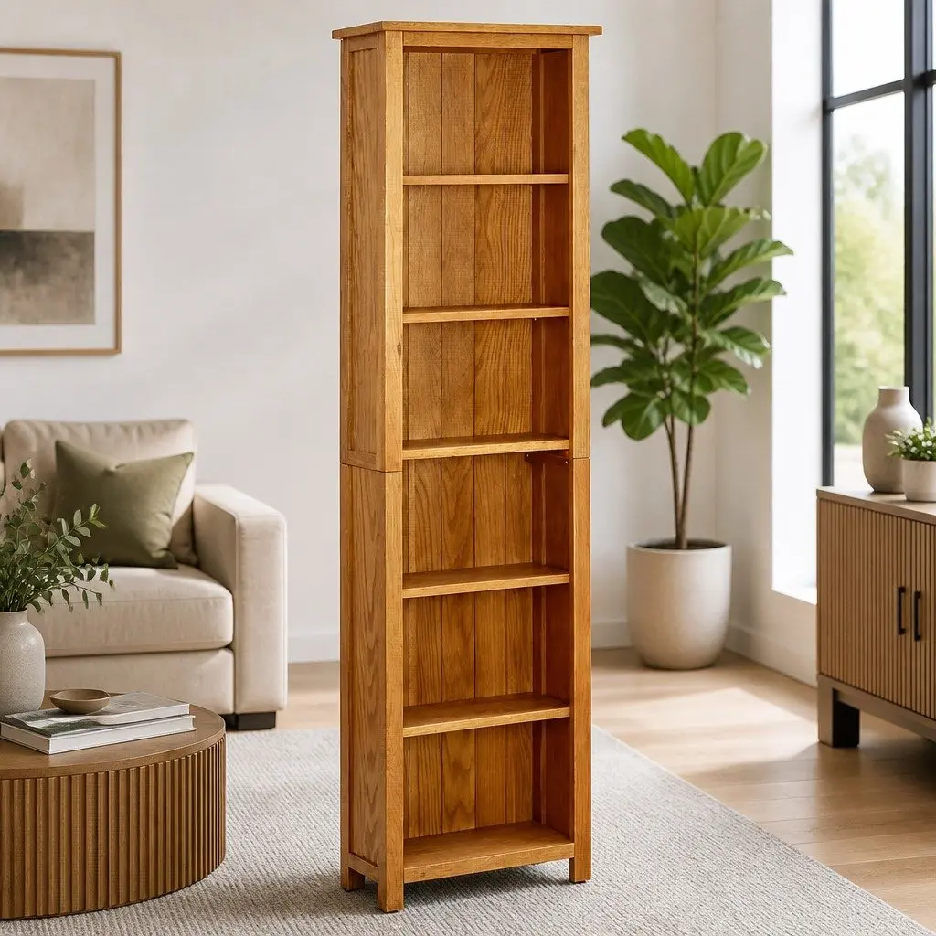 6-Tier Bookcase Solid Oak Wood 52x22x180cm Shelving Standing Shelf Display Unit