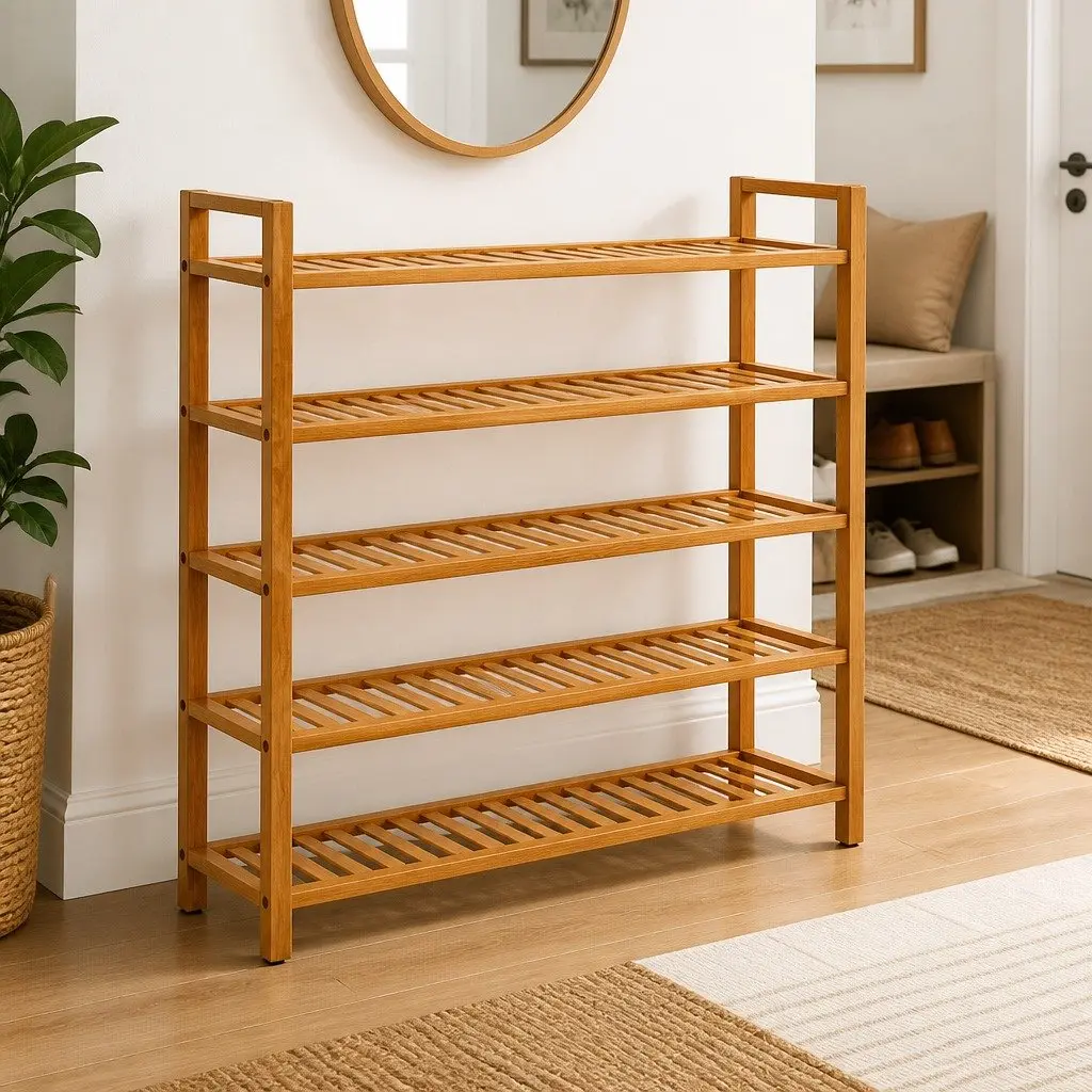 Shoe Rack Rustic Wooden 5 Shelves Brown Storage Organiser