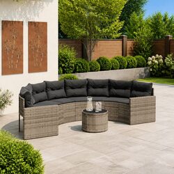 Half-Round Garden Sofa Set with Table Grey Outdoor Seating Cushions Patio